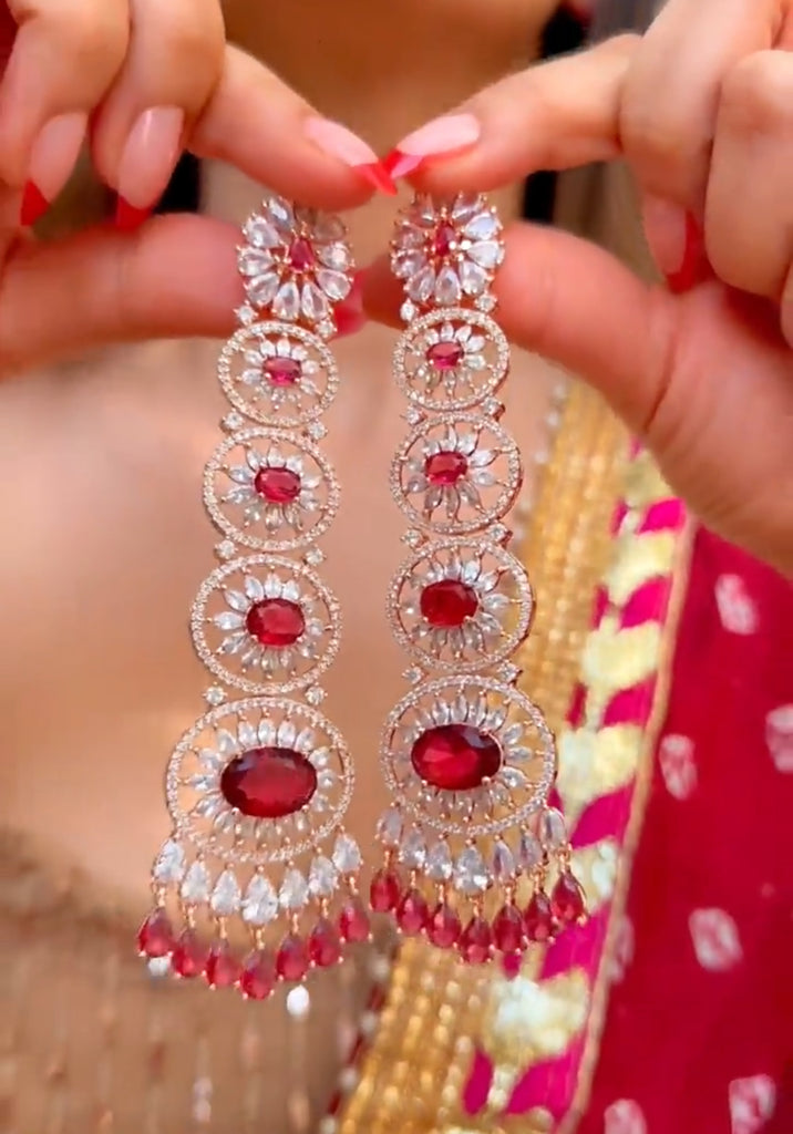 Gigi Ruby Red Long Statement Chandelier Earrings Rose Gold- Jaipur Rose Modern Luxury Designer Indian Jewelry - Jaipur Rose