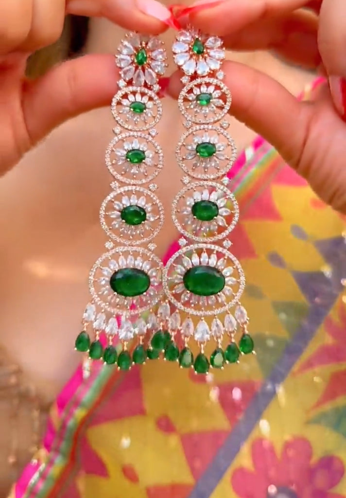 Gigi Emerald Green Long Statement Chandelier Earrings Rose Gold- Jaipur Rose Modern Luxury Designer Indian Jewelry - Jaipur Rose