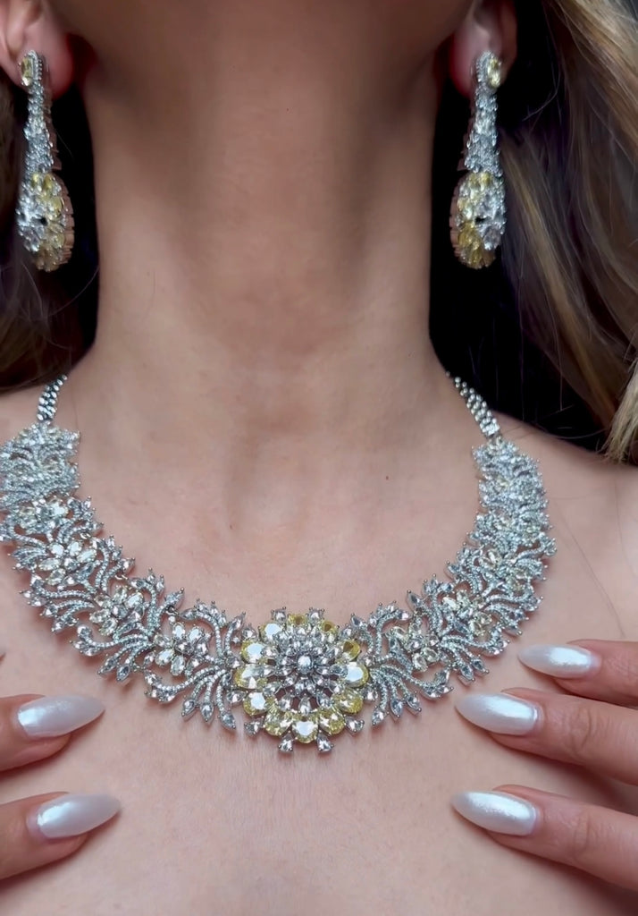 Rani Yellow Citrine White Gold Luxury Necklace & Earring Set By Jaipur Rose Luxury Indian Jewelry Online - Jaipur Rose