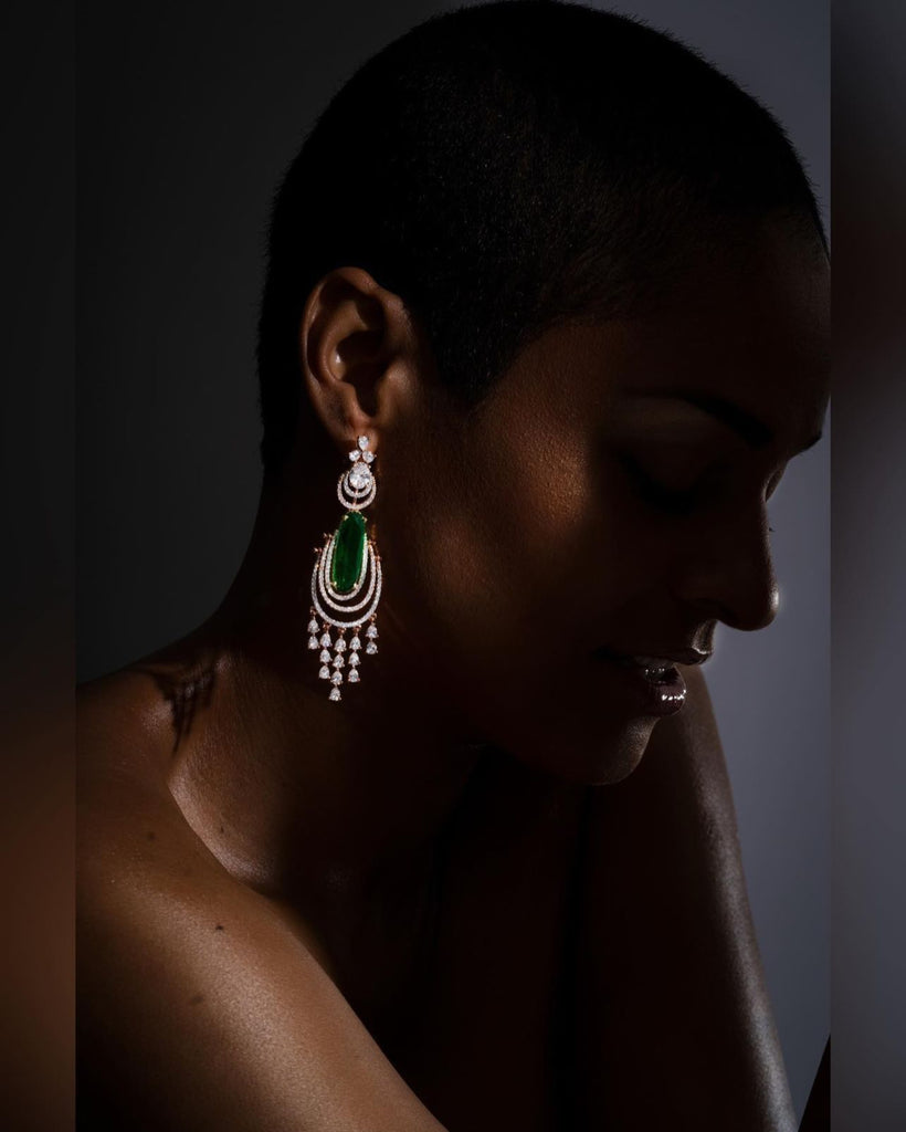 Demi Statement Earrings Emerald Green Rose Gold- Jaipur Rose Modern Luxury Designer Indian Jewelry - Jaipur Rose