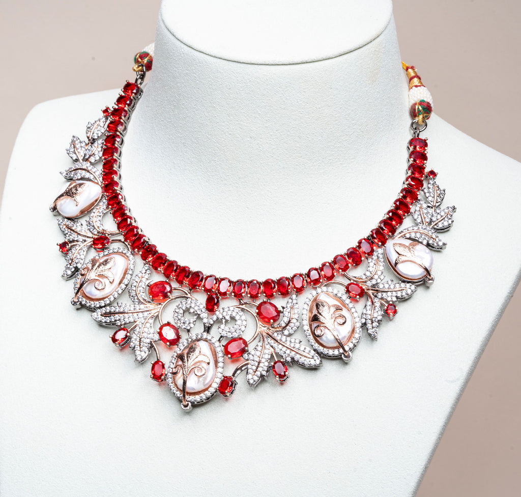 Anoushka Ruby Red Mother of Pearl Necklace & Earring Set By Jaipur Rose Luxury Indian Jewelry Online - Jaipur Rose