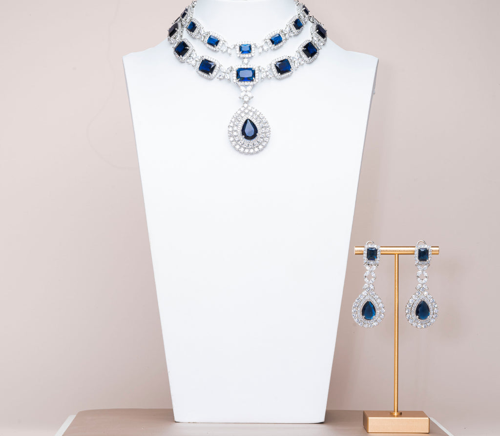 Isaline Blue Sapphire White Gold Luxury Necklace & Earring Set By Jaipur Rose Luxury Indian Jewelry Onli - Jaipur Rose