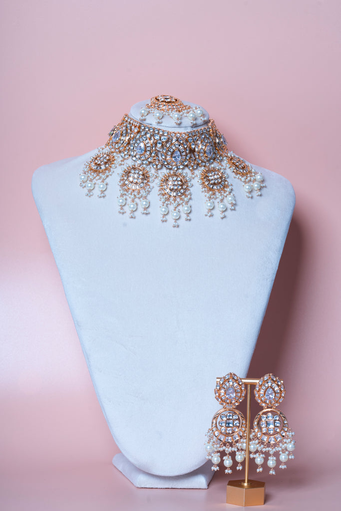 Sita Statement Modern Kundan & Pearl Yellow Gold Necklace & Earring Set By Jaipur Rose Luxury Indian Jewelry Online - Jaipur Rose