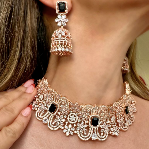 Cerise Rose Gold and Onyx Choker and Jhumka Earring Set By Jaipur Rose Designer Modern Indian Jewelry - Jaipur Rose