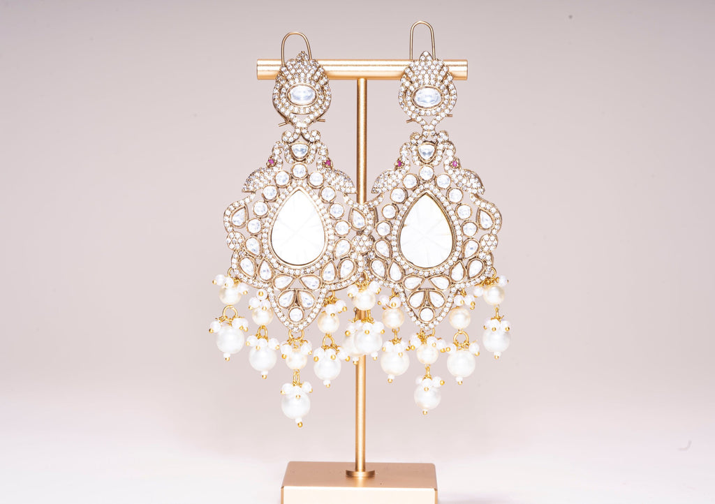 Madhubala White Yellow Gold Statement  Moissanite Indian Jewelry Earrings - Jaipur Rose Modern Luxury Designer Indian Jewelry - Jaipur Rose