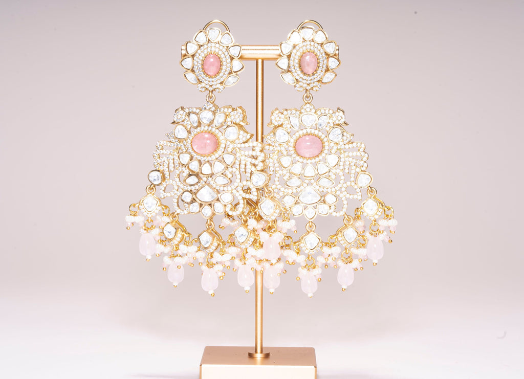 Nutan Pink Yellow Gold Statement Moissanite Indian Jewelry Earrings- Jaipur Rose Modern Luxury Designer Indian Jewelry - Jaipur Rose