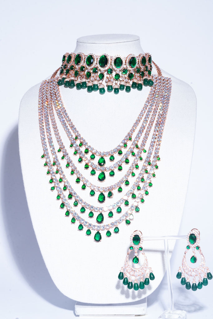 Shivanne Emerald Green Rose Gold Designer Necklace & Earring Set by Jaipur Rose Designer Indian Jewelry - Jaipur Rose