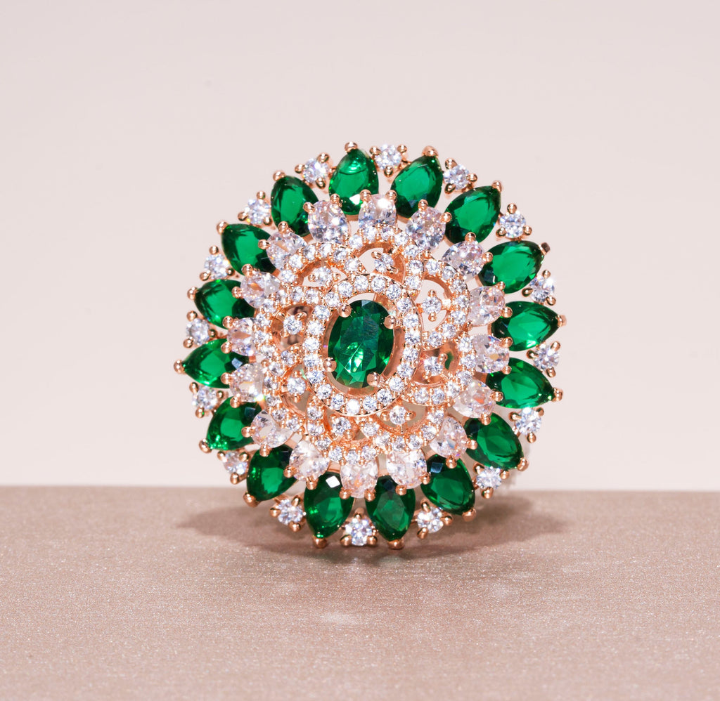 Aya Emerald Green Rose Gold Indian Jewelry Cocktail Ring by Jaipur Rose - Jaipur Rose