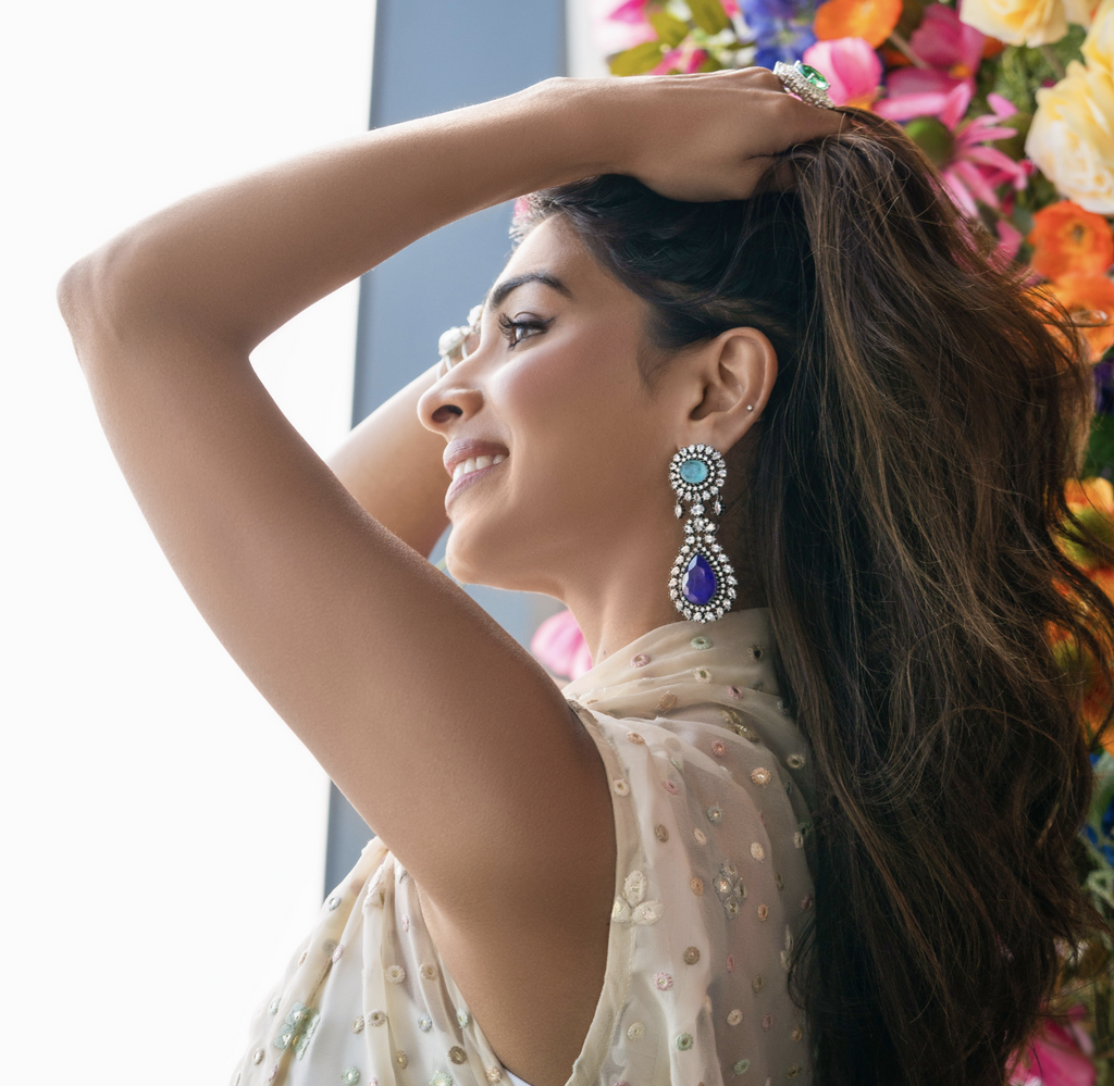 Mai Aqua & Purple Doublet Moissanite Designer Earrings Designer Fashion Indian Jewelry by Jaipur Rose - Jaipur Rose