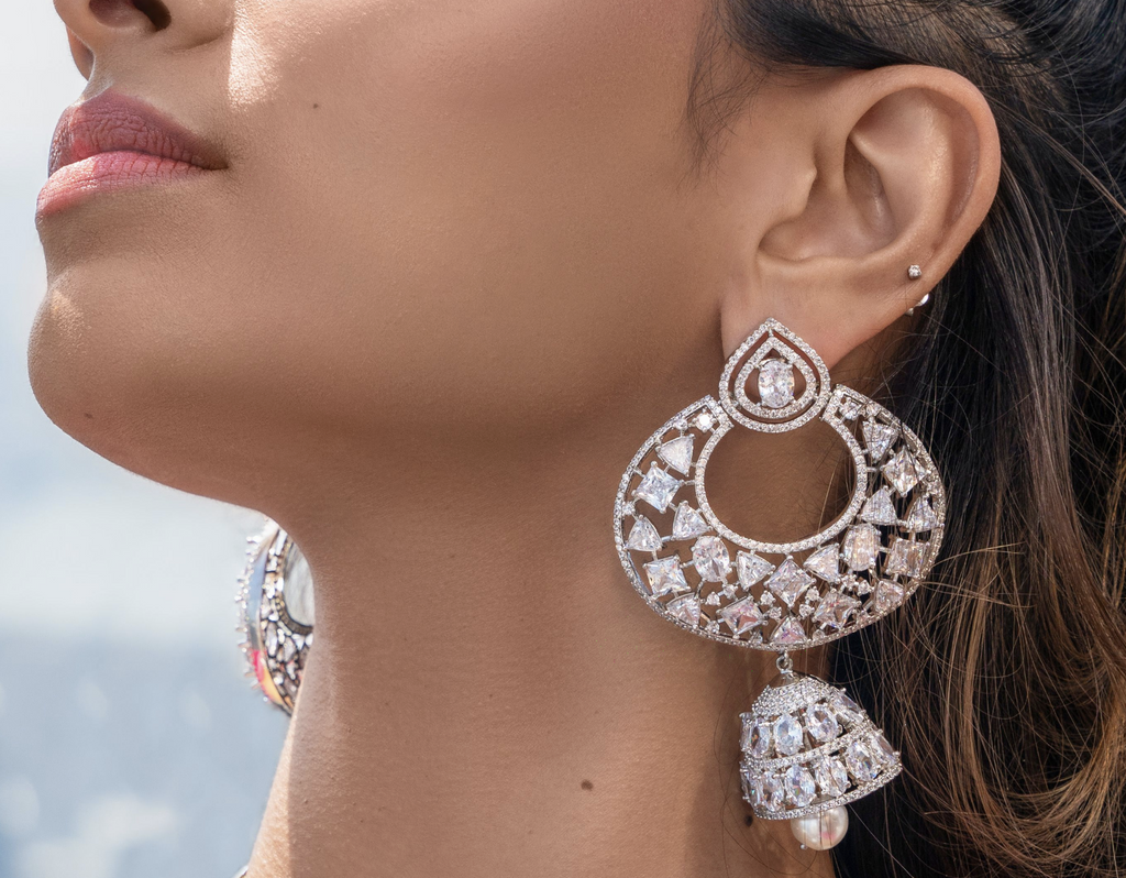 Devi Statement Designer Indian Earrings- White Gold Plated Luxury Indian Jewelry - Jaipur Rose - Jaipur Rose