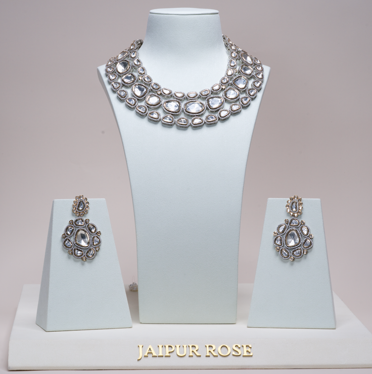 Laila White Gold Silver Moissanite Luxury Necklace & Earring Set By Jaipur Rose Luxury Indian Jewelry Onli (Copy) - Jaipur Rose
