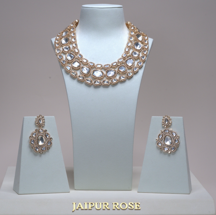 Laila Yellow Gold Moissanite Luxury Necklace & Earring Set By Jaipur Rose Luxury Indian Jewelry Online - Jaipur Rose
