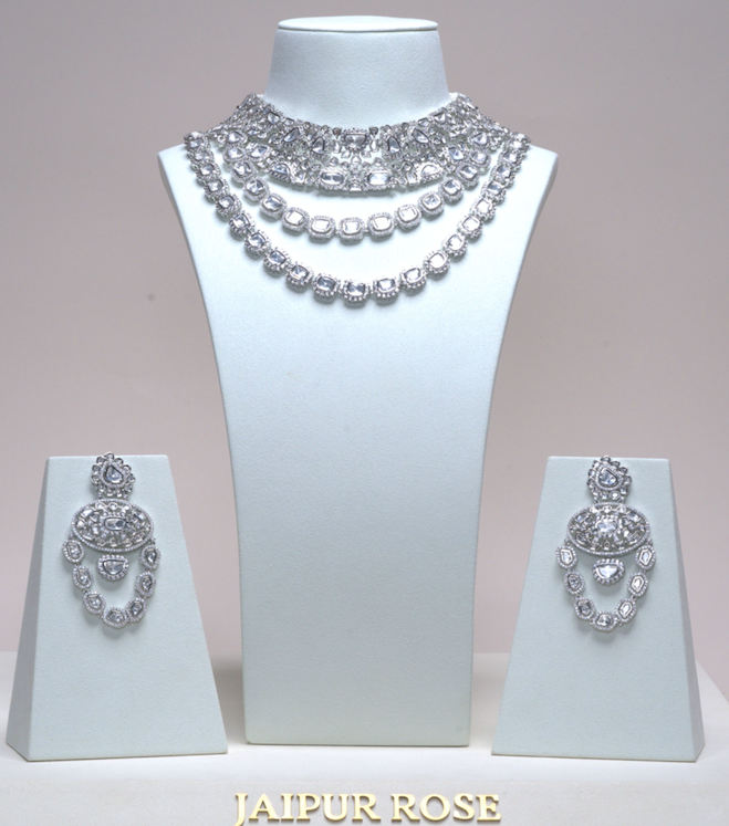 Meera Statement Modern Kundan Moissanite Silver White Gold Necklace & Earring Set By Jaipur Rose Luxury Indian Jewelry Online - Jaipur Rose