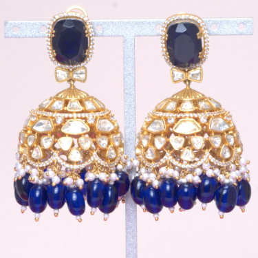 Sita Sapphire Blue Moissanite Yellow Gold Jhumkas Jaipur Rose Designer Indian Jewelry - Jaipur Rose