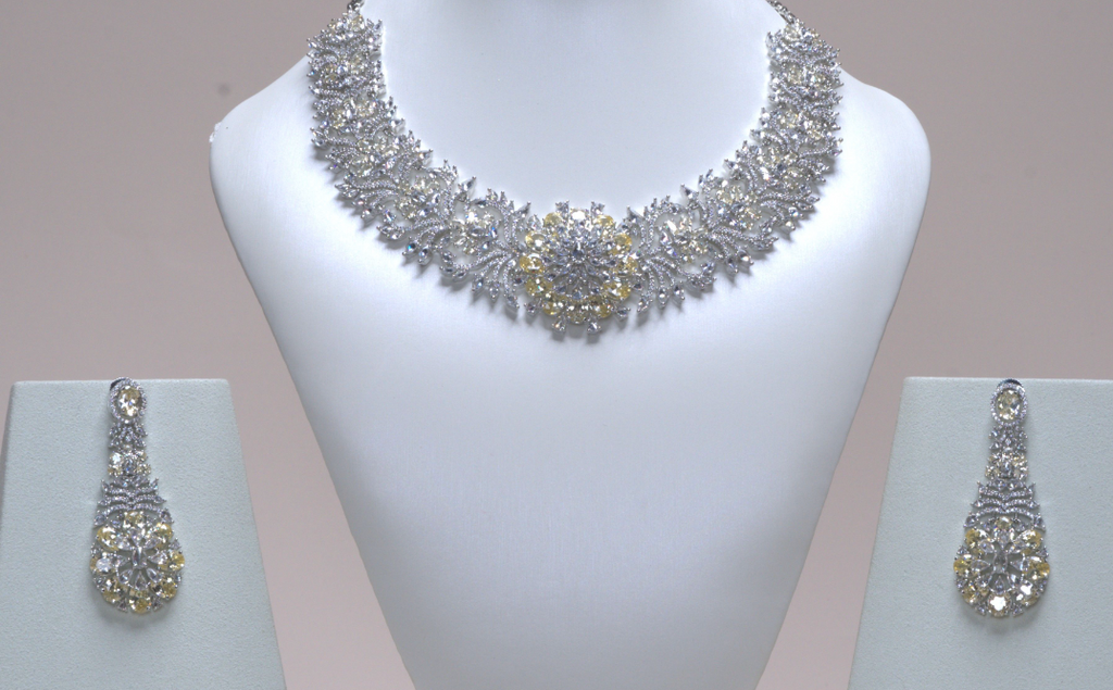 Rani Yellow Citrine White Gold Luxury Necklace & Earring Set By Jaipur Rose Luxury Indian Jewelry Online - Jaipur Rose