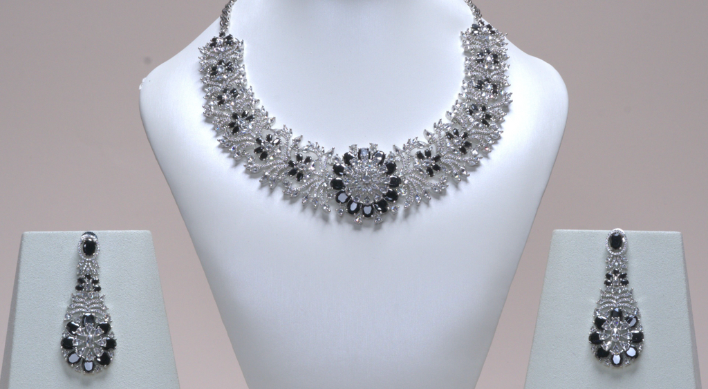 Rani Black Onyx White Gold Luxury Necklace & Earring Set By Jaipur Rose Luxury Indian Jewelry Online (Copy) (Copy) - Jaipur Rose