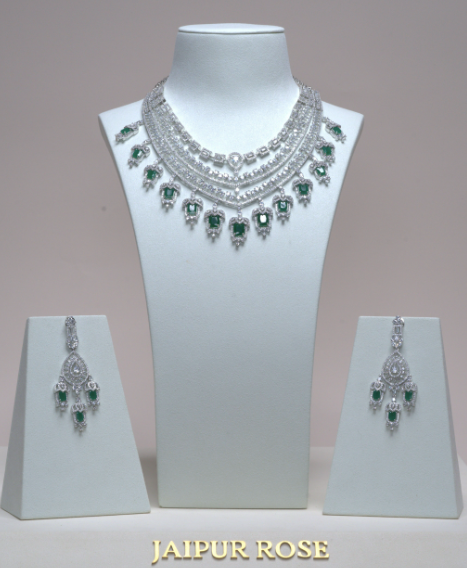 Grace Chandelier Statement Necklace Set Designer White Gold Emerald Green Plated Fashion Jewelry by Jaipur Rose Indian Jewelry Online - Jaipur Rose