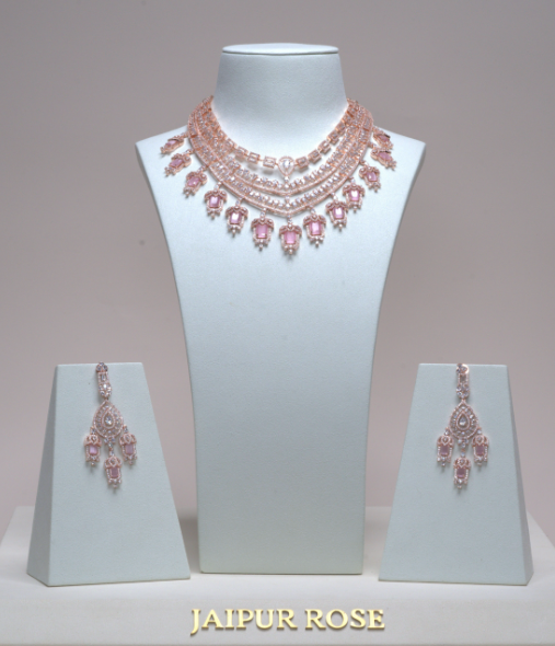 Grace Chandelier Statement Necklace Set Designer Rose Gold Pink Plated Fashion Jewelry by Jaipur Rose Indian Jewelry Online - Jaipur Rose