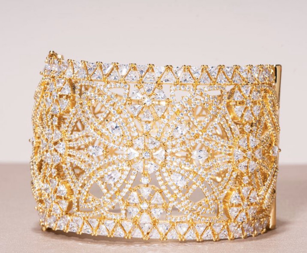 Rozana Crystal Embellished Cuff - Yellow Gold Kada by Jaipur Rose Modern Indian Jewelry (Copy) - Jaipur Rose