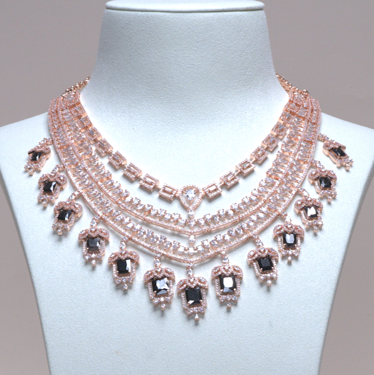 Grace Chandelier Statement Necklace Set Designer Rose Gold Black Plated Fashion Jewelry by Jaipur Rose Indian Jewelry Online - Jaipur Rose