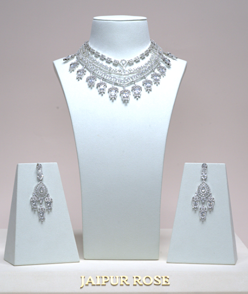 Grace Chandelier Statement Necklace Set Designer White Gold Plated Fashion Jewelry by Jaipur Rose Indian Jewelry Online - Jaipur Rose