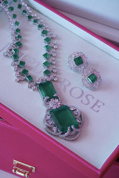 Nita White Gold Emerald Luxury Necklace & Earring Set By Jaipur Rose Luxury Indian Jewelry Online - Jaipur Rose