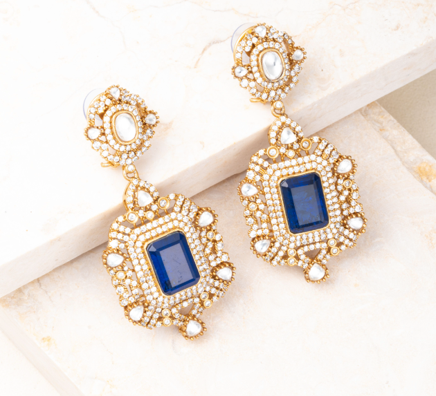 Ela Navy Blue Yellow Gold Turkish Statement Moissanite Kundan Earrings Jaipur Rose Designer Indian Jewelry Online - Jaipur Rose