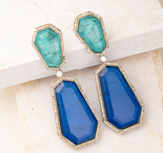 Luna Aqua & Blue Turkish Statement Doublet Earrings Jaipur Rose Designer Indian Jewelry Online - Jaipur Rose