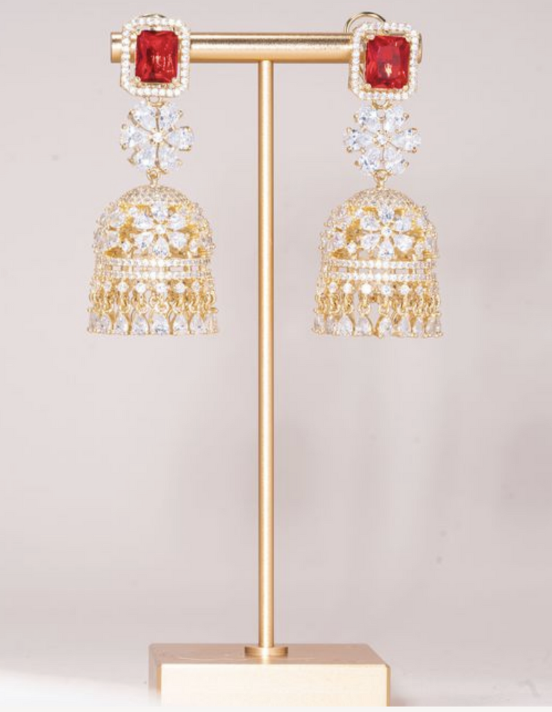 Cerise Yellow Gold Ruby Choker and Jhumka Earring Set By Jaipur Rose Designer Modern Indian Jewelry - Jaipur Rose