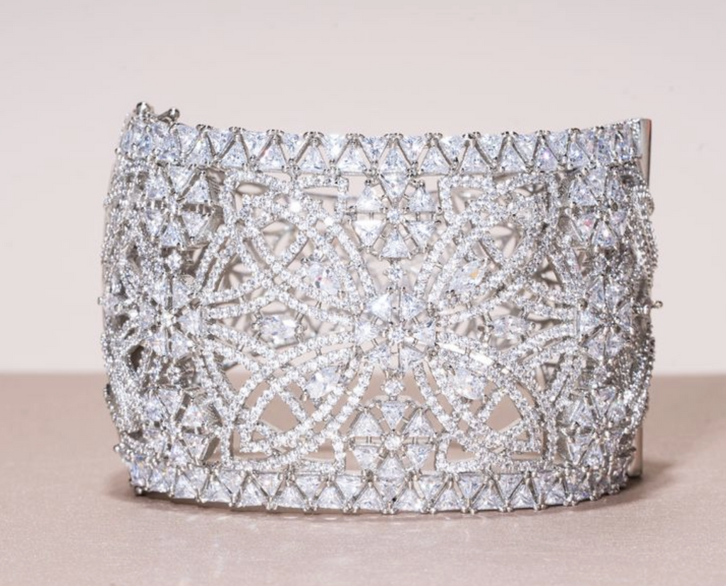 Rozana Crystal Embellished Cuff - White Gold Kada by Jaipur Rose Modern Indian Jewelry - Jaipur Rose