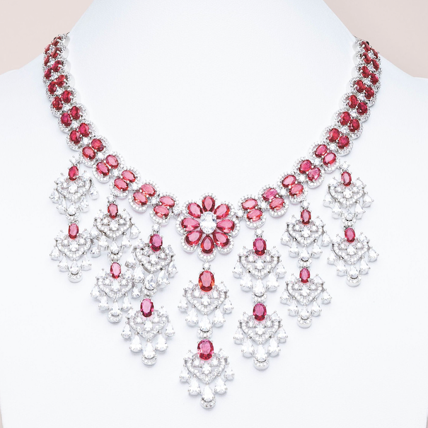 Aklera Ruby Red White Gold Luxury Necklace & Earring Set By Jaipur Rose Luxury Indian Jewelry Online - Jaipur Rose