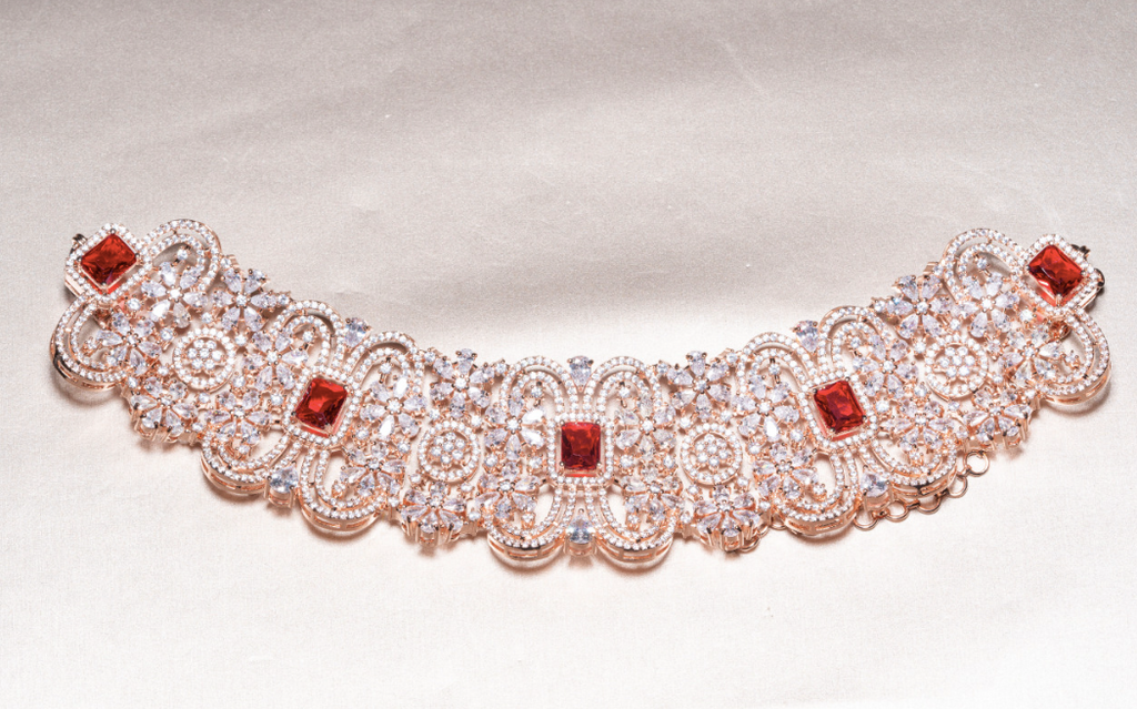 Cerise Rose Gold and Ruby Red  Choker and Jhumka Earring Set By Jaipur Rose Designer Modern Indian Jewelry - Jaipur Rose