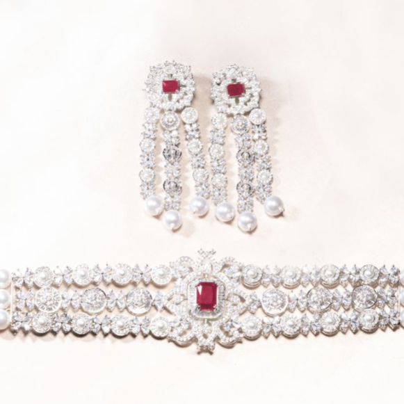 Dilara Choker Set - Ruby Red Jaipur Rose White Gold Plated Luxury Designer Indian Jewelry Online - Jaipur Rose