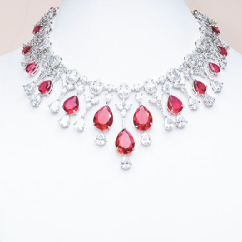 Falna Ruby Red White Gold Luxury Necklace & Earring Set By Jaipur Rose Luxury Indian Jewelry Online - Jaipur Rose
