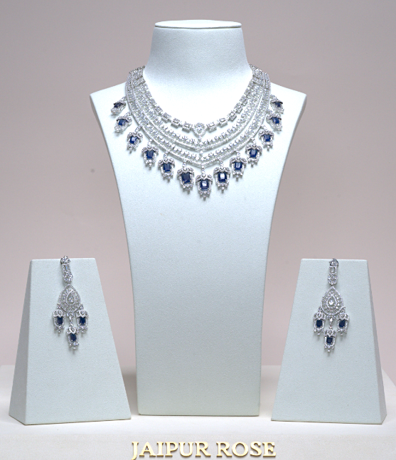 Grace Chandelier Statement Necklace Set Designer White Gold Sapphire Blue Plated Fashion Jewelry by Jaipur Rose Indian Jewelry Online (Copy) - Jaipur Rose