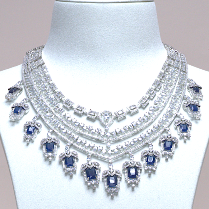 Grace Chandelier Statement Necklace Set Designer White Gold Sapphire Blue Plated Fashion Jewelry by Jaipur Rose Indian Jewelry Online (Copy) - Jaipur Rose