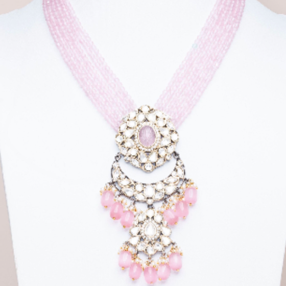 Inas Pink Luxury Mala & Earring Set By Jaipur Rose Luxury Indian Jewelry Online - Jaipur Rose