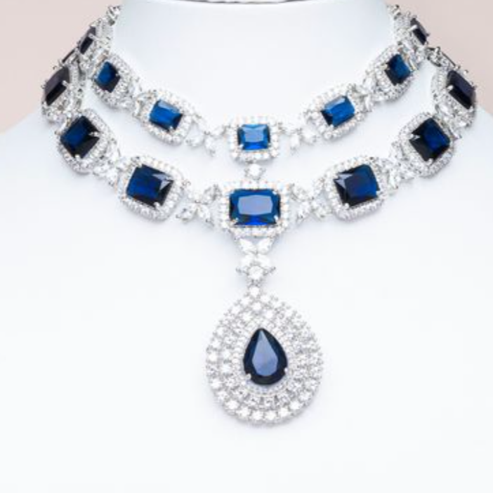 Isaline Blue Sapphire White Gold Luxury Necklace & Earring Set By Jaipur Rose Luxury Indian Jewelry Onli - Jaipur Rose