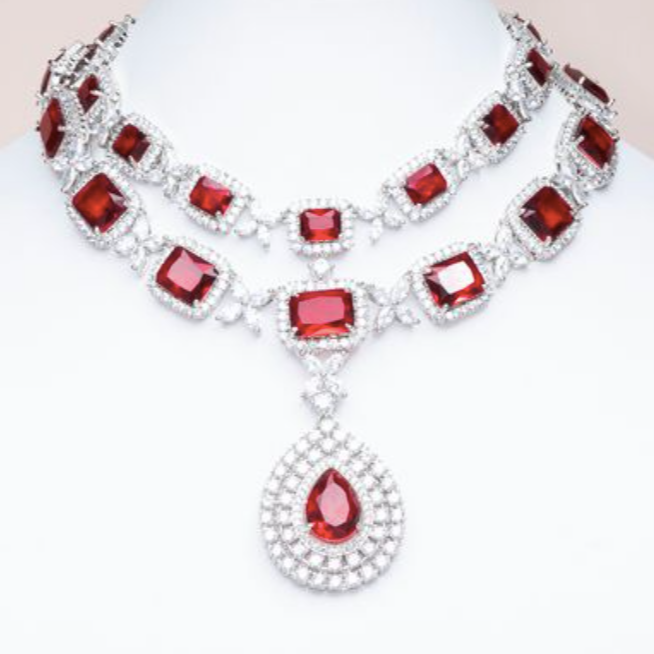 Isaline Ruby Red White Gold Luxury Necklace & Earring Set By Jaipur Rose Luxury Indian Jewelry Onli - Jaipur Rose