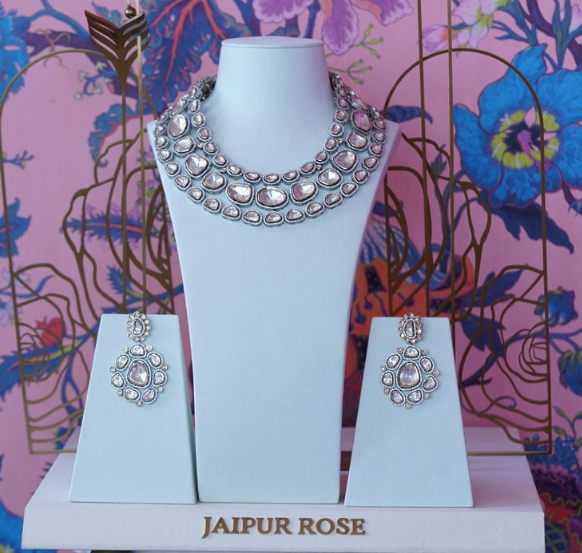 Laila White Gold Silver Moissanite Luxury Necklace & Earring Set By Jaipur Rose Luxury Indian Jewelry Onli (Copy) - Jaipur Rose