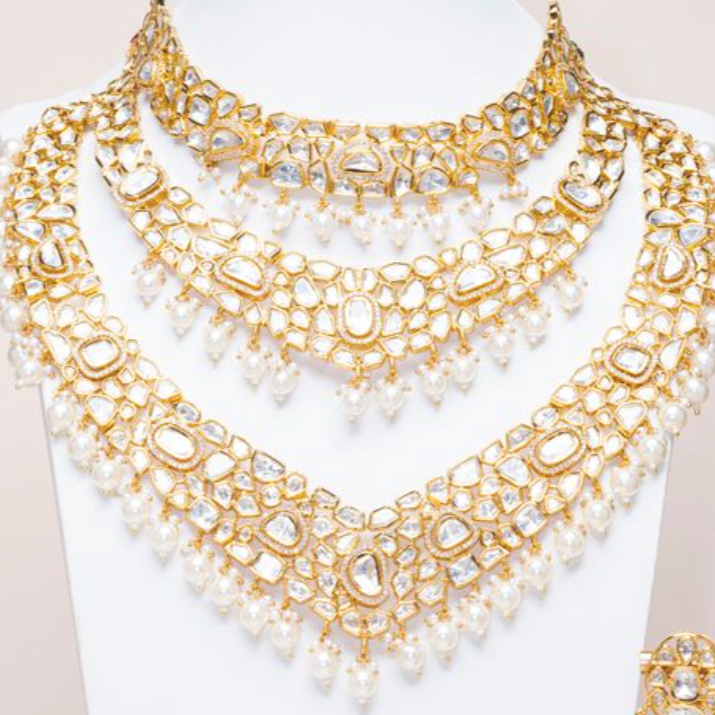Lavanya Moissanite Yellow Gold Luxury Necklace & Earring Set By Jaipur Rose Luxury Indian Jewelry Online - Jaipur Rose