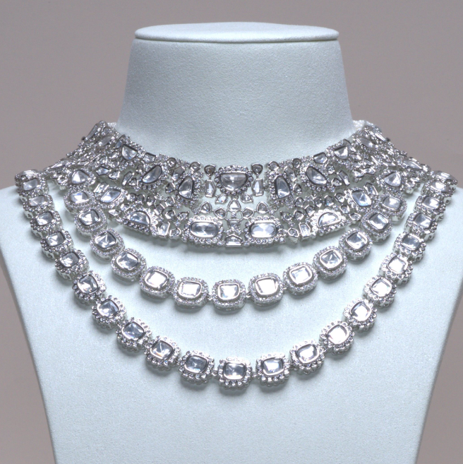 Meera Statement Modern Kundan Moissanite Silver White Gold Necklace & Earring Set By Jaipur Rose Luxury Indian Jewelry Online - Jaipur Rose