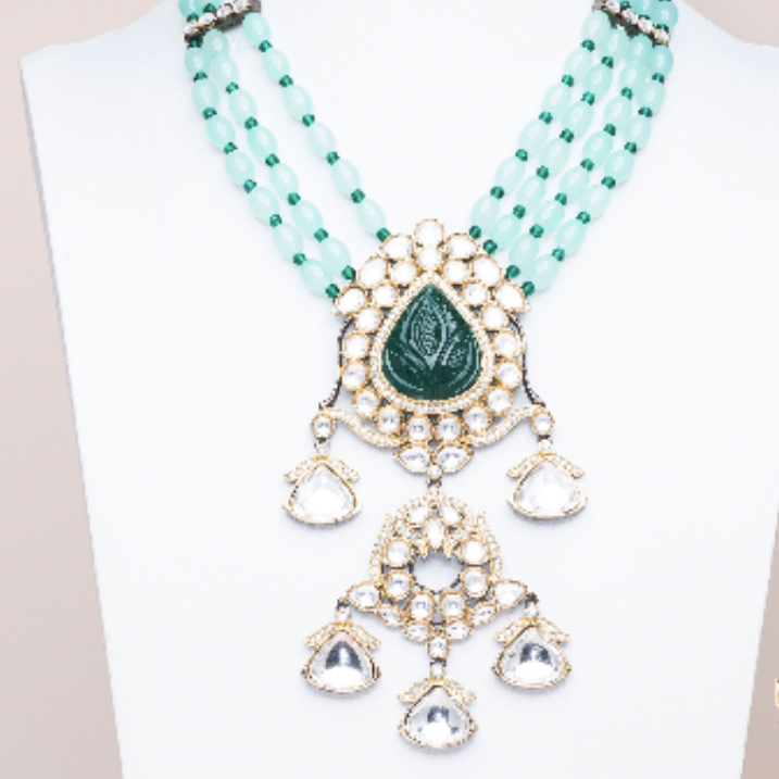 Hadia Emerlad & Mint Luxury Mala & Earring Set By Jaipur Rose Luxury Indian Jewelry Online - Jaipur Rose