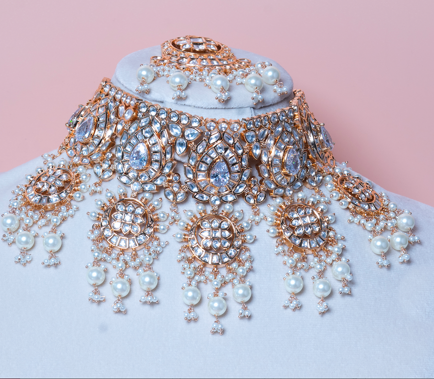 Sita Statement Modern Kundan & Pearl Yellow Gold Necklace & Earring Set By Jaipur Rose Luxury Indian Jewelry Online - Jaipur Rose