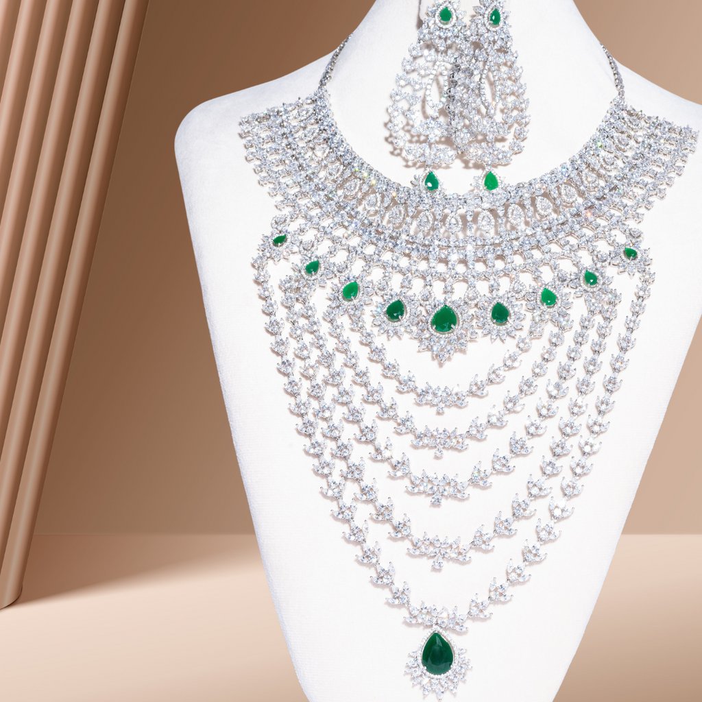 Aella Crystal & Emerald Necklace & Earring Set By Jaipur Rose Luxury Indian Jewelry Online - Jaipur Rose