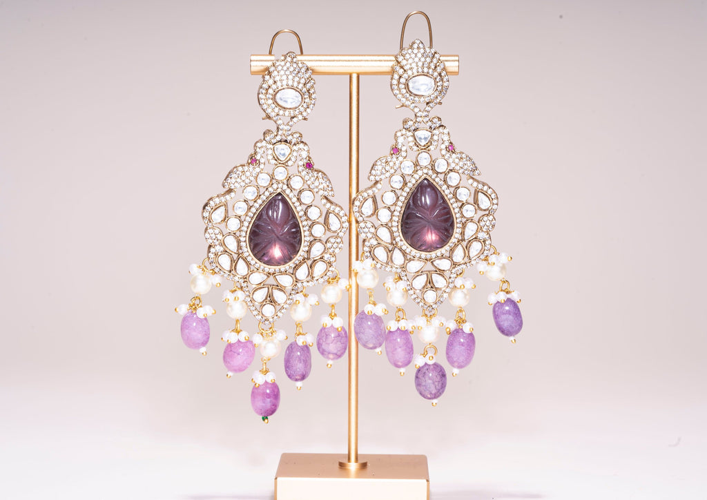 Madhubala Purple Yellow Gold Statement  Moissanite Indian Jewelry Earrings - Jaipur Rose Modern Luxury Designer Indian Jewelry - Jaipur Rose