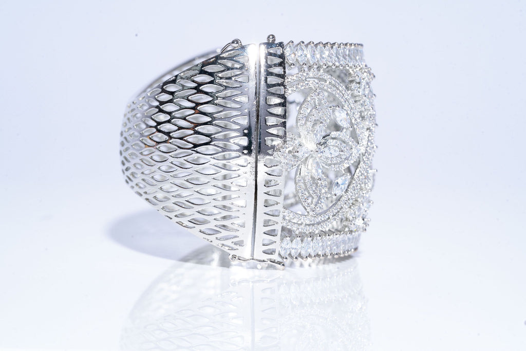 Caprice Statement Cuff Bracelet White Gold By Jaipur Rose Designer Indian Jewelry - Jaipur Rose