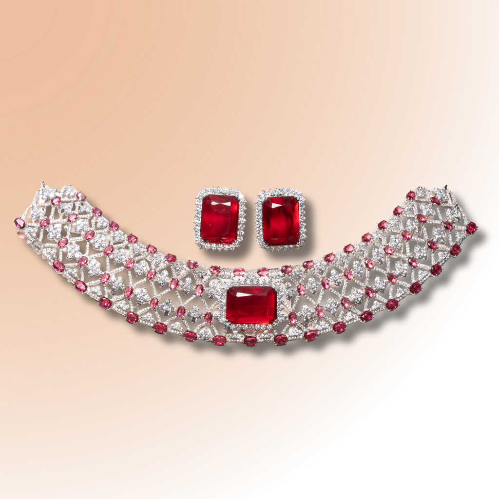 Tracy Ruby Red White Gold Luxury Necklace & Earring Set By Jaipur Rose Luxury Indian Jewelry Onli - Jaipur Rose