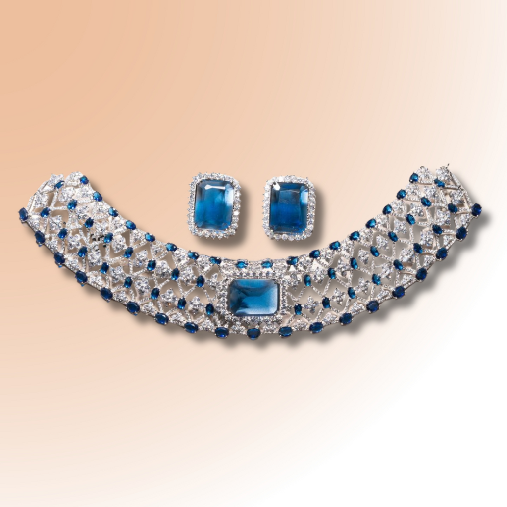 Tracy Blue Sapphire White Gold Luxury Necklace & Earring Set By Jaipur Rose Luxury Indian Jewelry Onli - Jaipur Rose