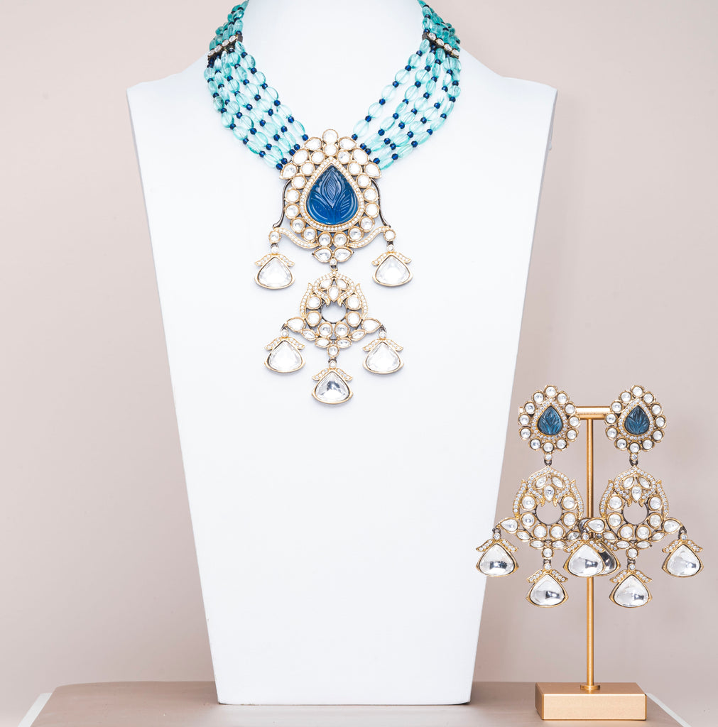 Hadia Blue Ombré Luxury Mala & Earring Set By Jaipur Rose Luxury Indian Jewelry Online - Jaipur Rose